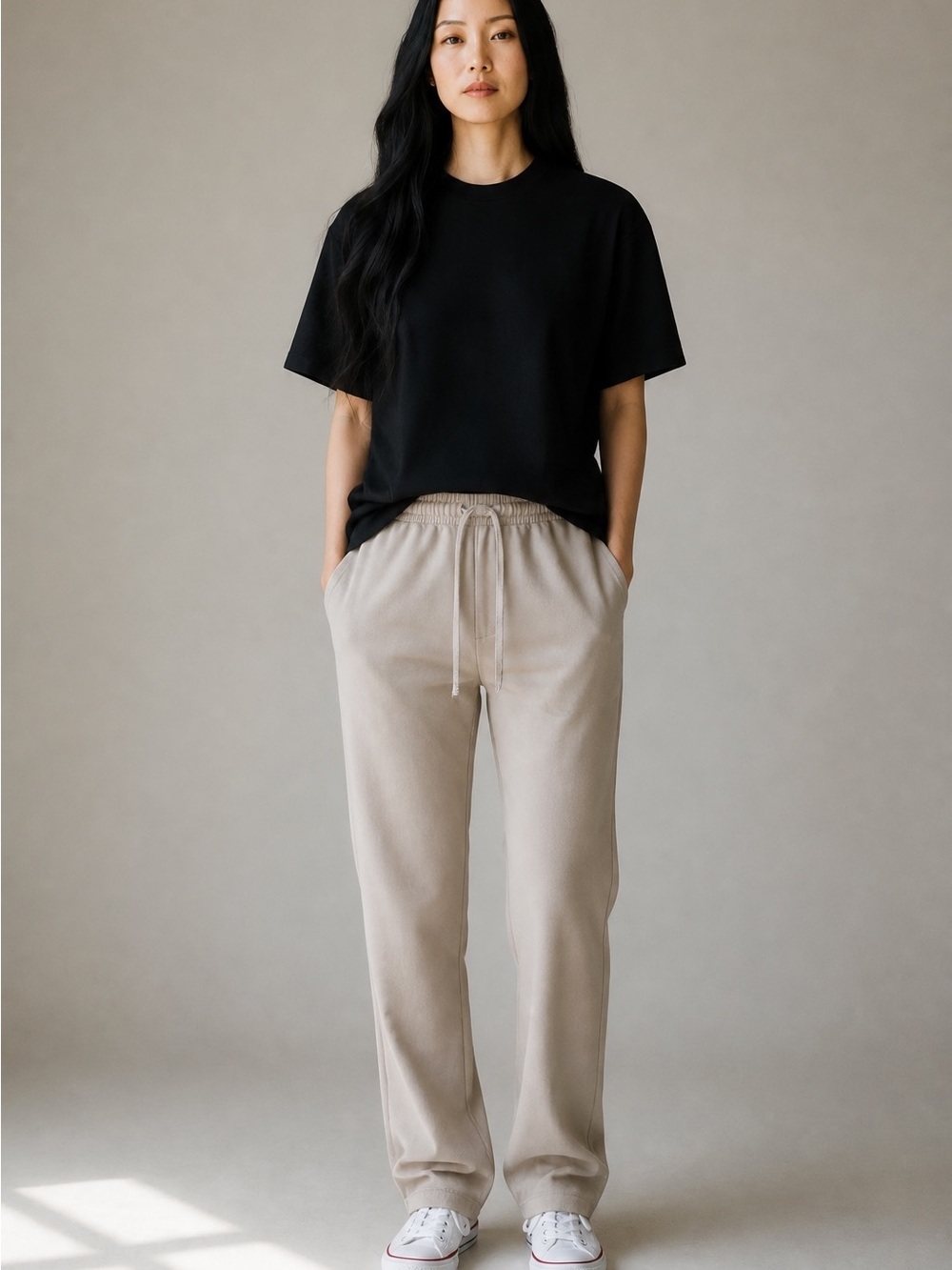 Women's Real Essentials Drawstring Track Pants in Light Beige  Size Small